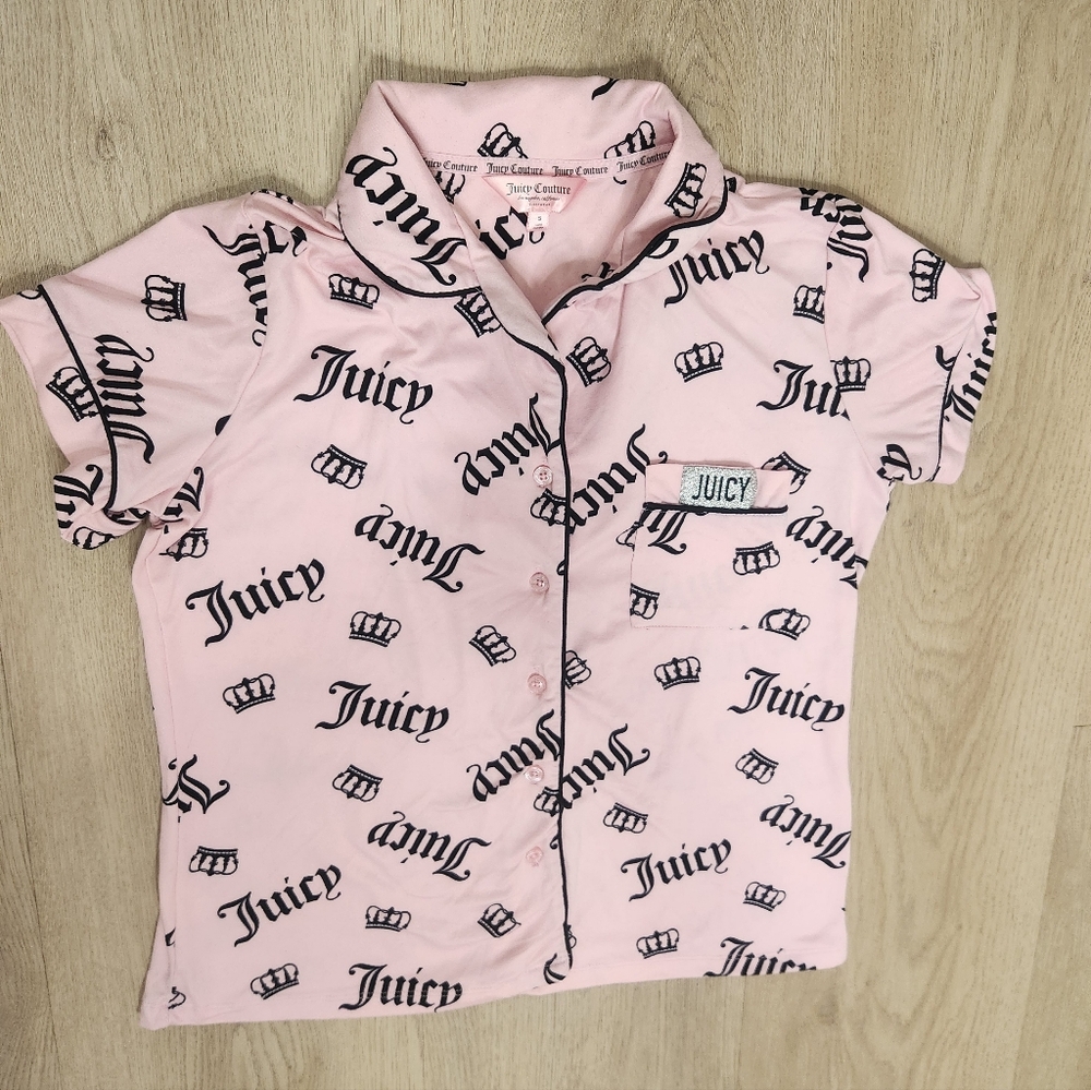 Juicy Couture pink & black crown print pajama shirt, size small, button down